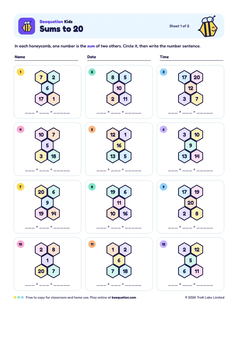 Primeira página do pacote de desafios do Beequation Kids: doze favos coloridos com a abelha Indie e espaço para escrever a conta