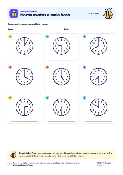 Prévia da atividade “Horas exatas e meia hora”